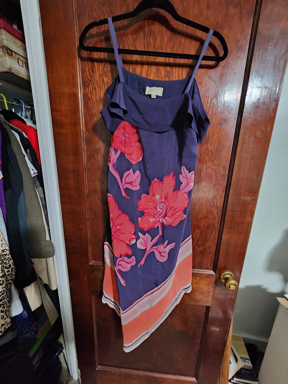 Floral Spaghetti Strap Midi Dress - Navy with Coral Pink Flowers